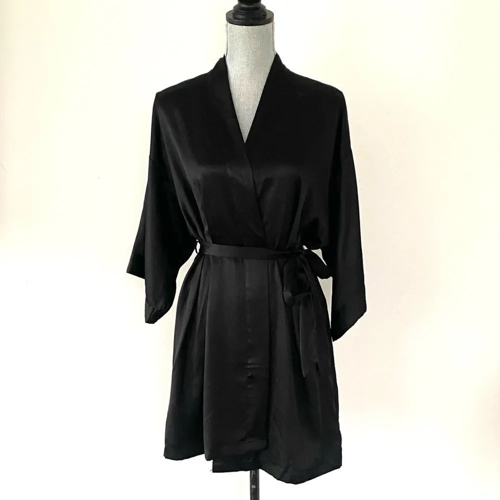 Victoria's Secret Signature Satin Midi Robe Sz XS/S Pockets Tie Belt Sexy Cozy